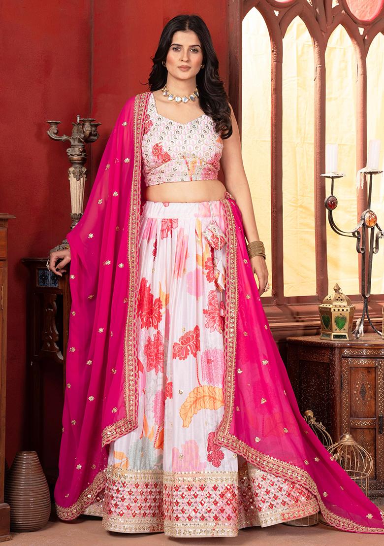 White Embroidered Chinnon Lehenga Set With Dupatta