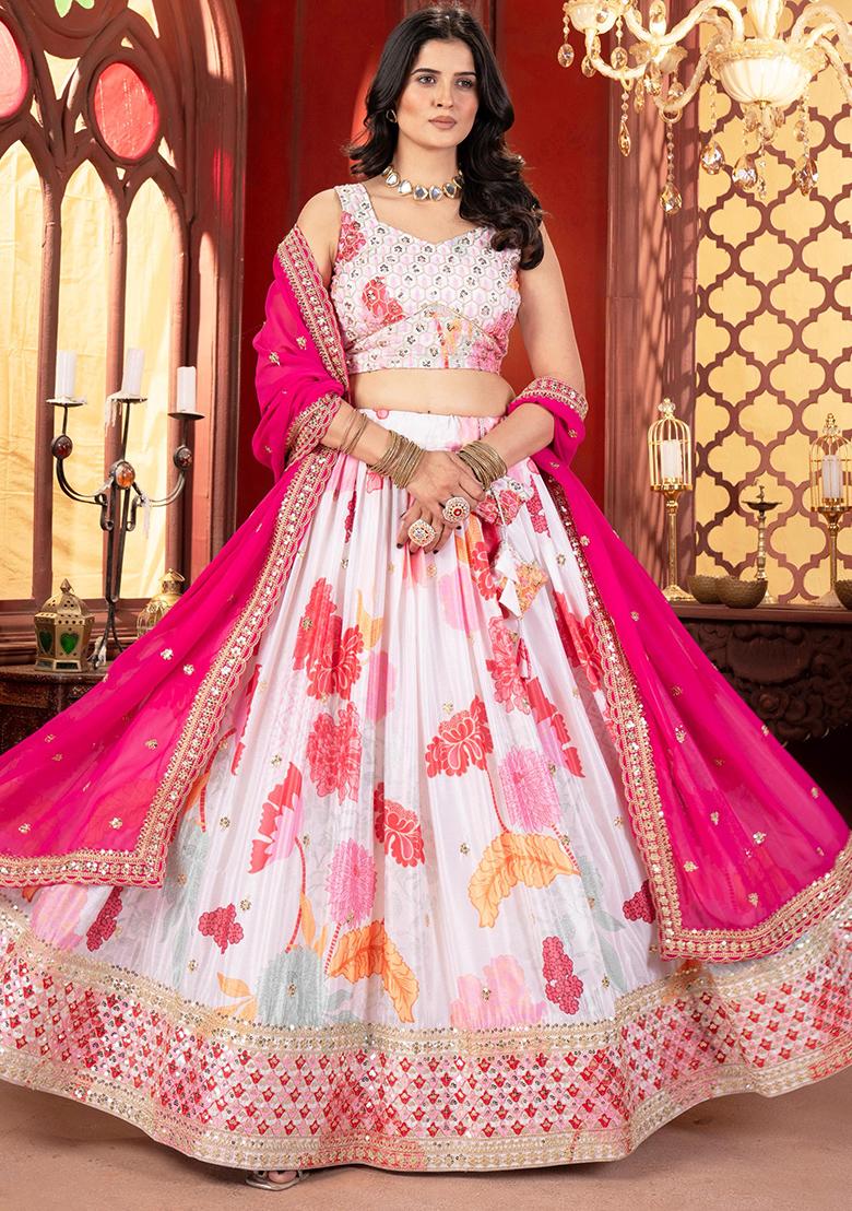 White Embroidered Chinnon Lehenga Set With Dupatta