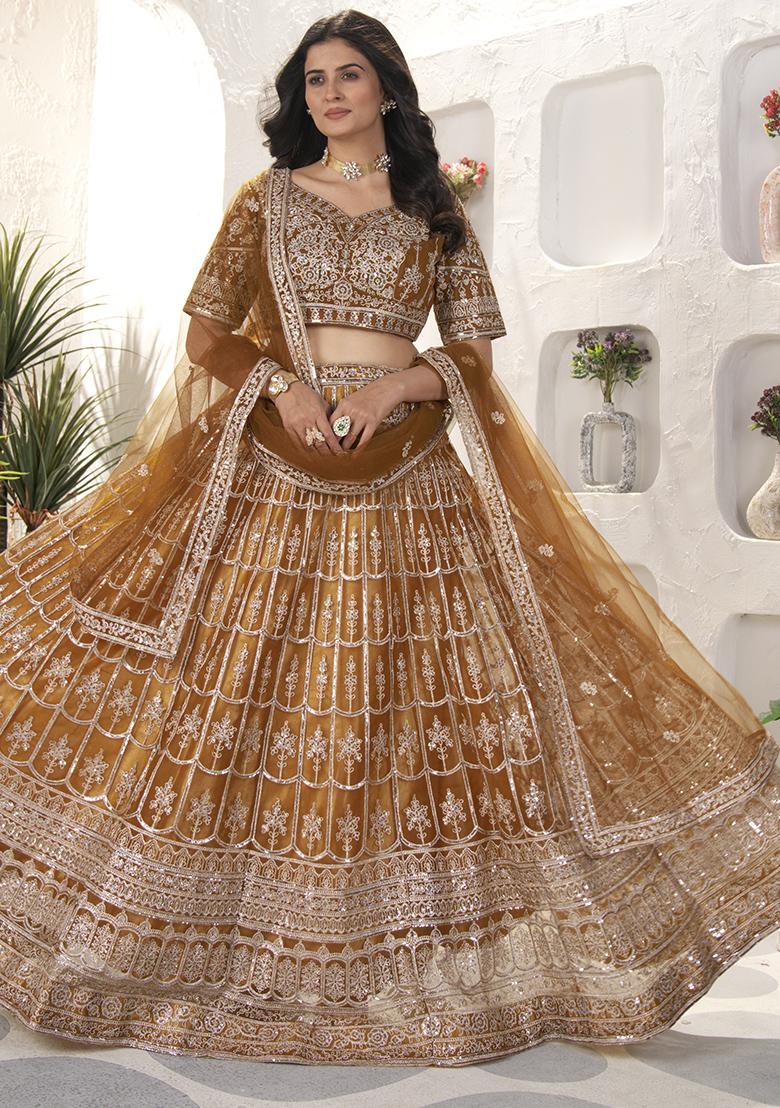 Coffee Brown Embroidered Net Lehenga Set With Dupatta