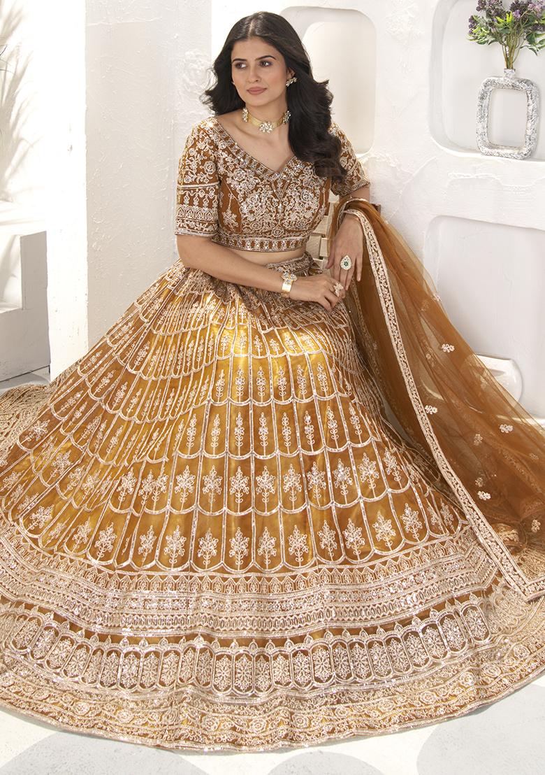 Coffee Brown Embroidered Net Lehenga Set With Dupatta