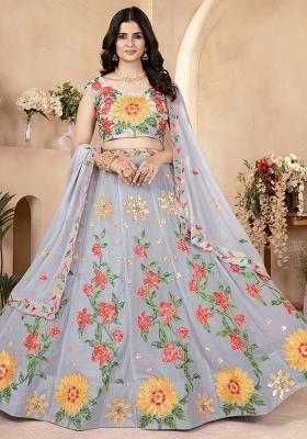 Grey Embroidered Georgette Lehenga Set With Dupatta
