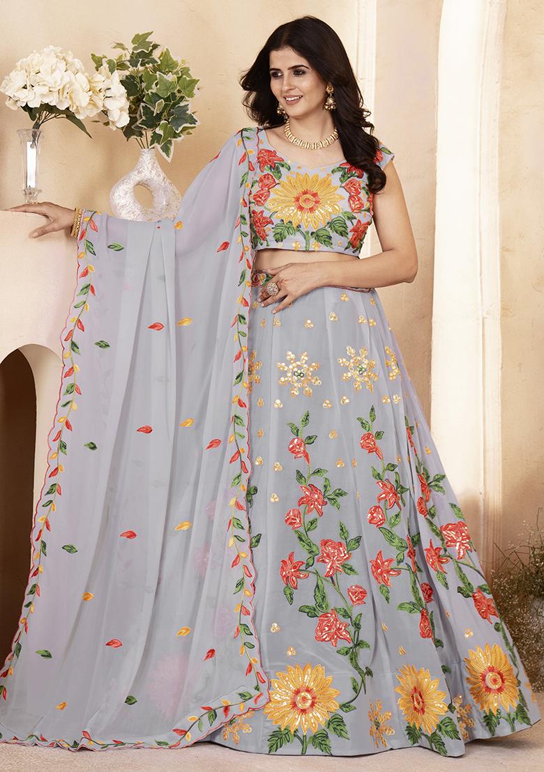Grey Embroidered Georgette Lehenga Set With Dupatta