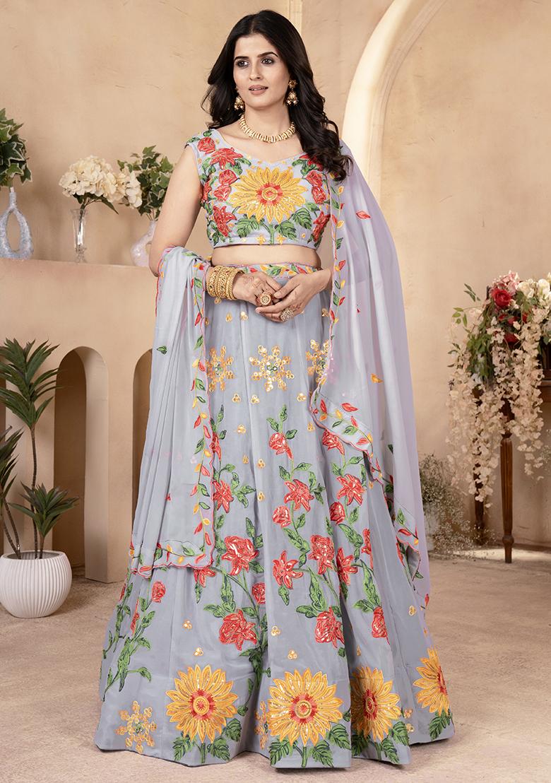 Grey Embroidered Georgette Lehenga Set With Dupatta
