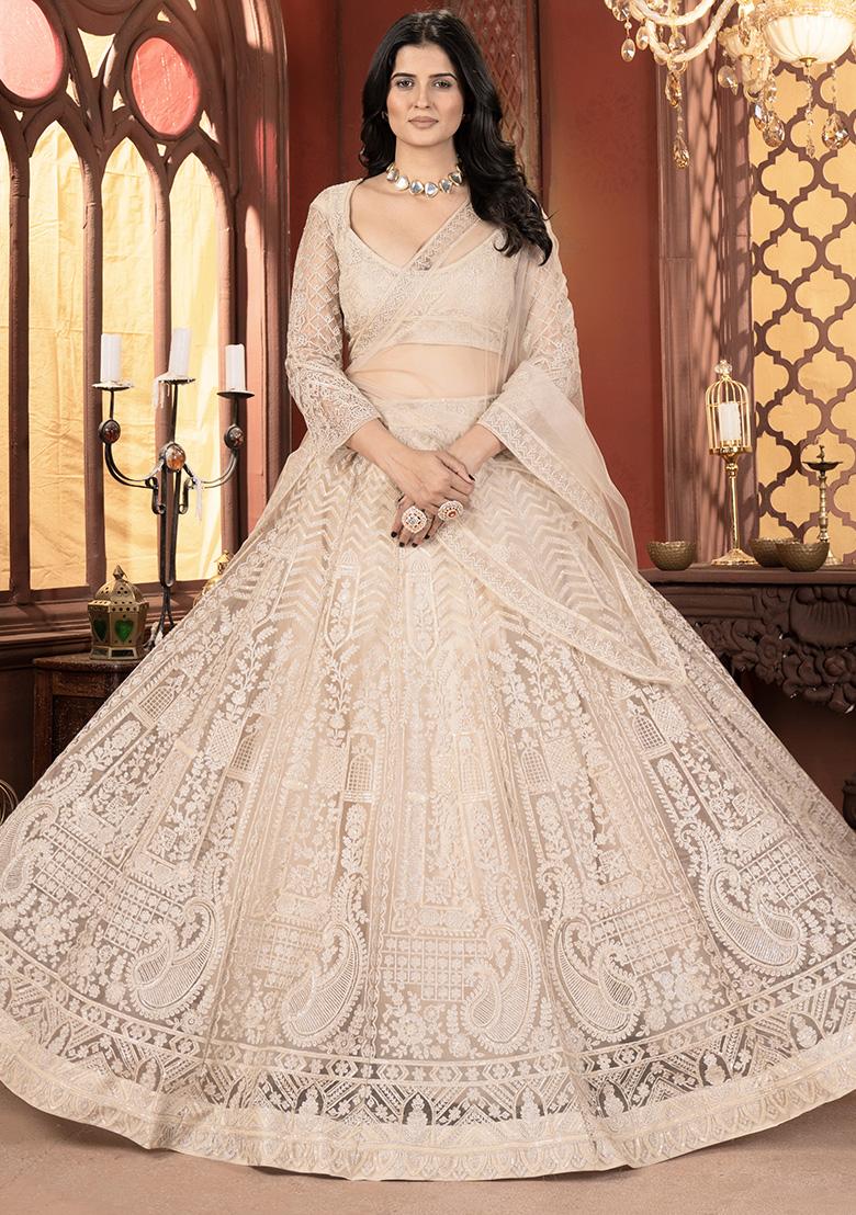 Cream Embroidered Net Lehenga Set With Dupatta