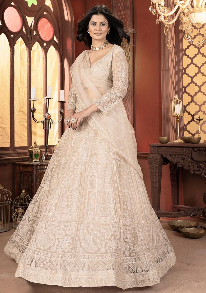 Cream Embroidered Net Lehenga Set With Dupatta