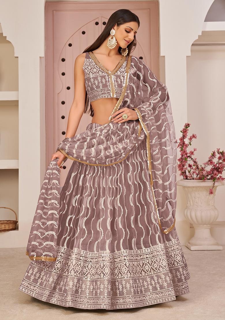 Onion Pink Thread Embroidered Net Lehenga Set
