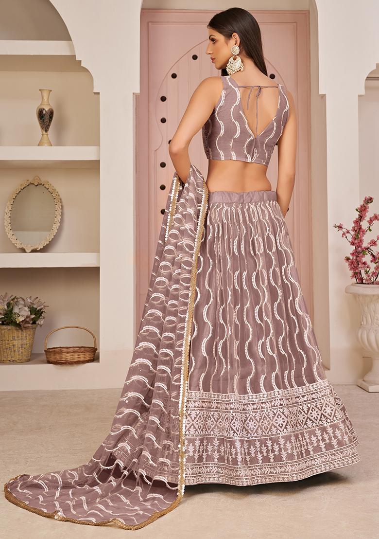 Onion Pink Thread Embroidered Net Lehenga Set
