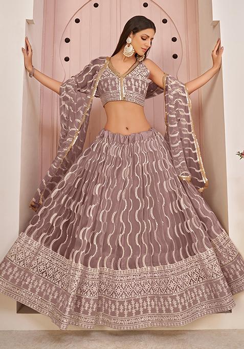 Onion Pink Thread Embroidered Net Lehenga Set