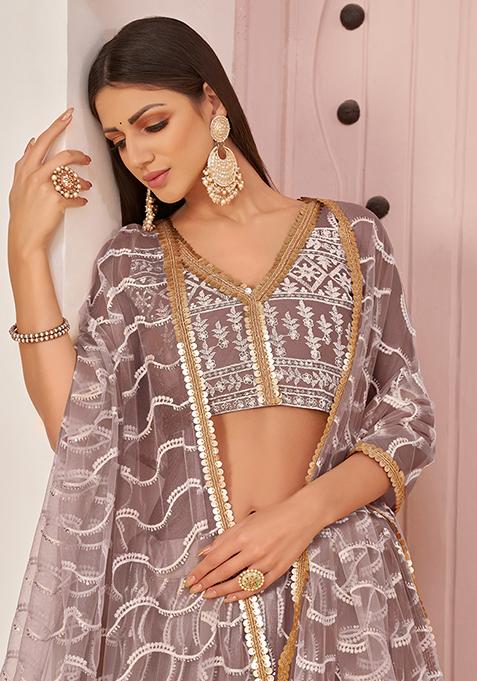 Onion Pink Thread Embroidered Net Lehenga Set