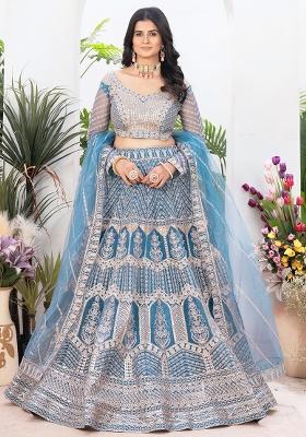 Sky Blue Embroidered Net Lehenga Set With Dupatta