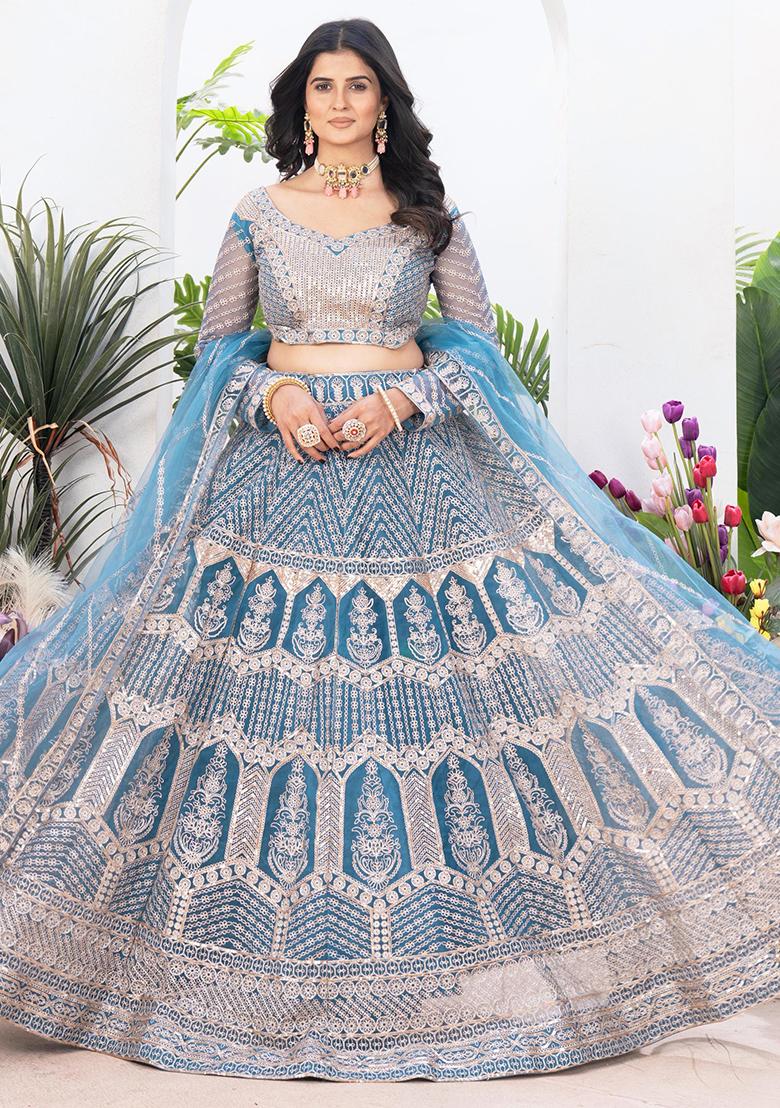 Sky Blue Embroidered Net Lehenga Set With Dupatta