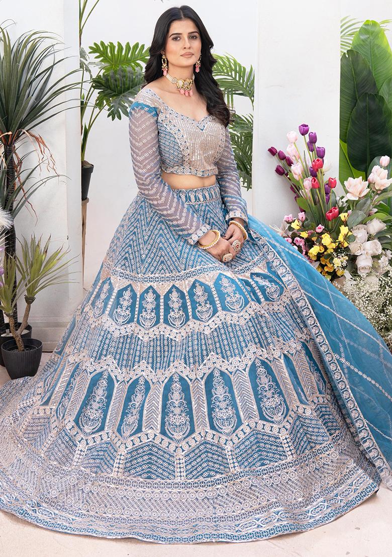 Sky Blue Embroidered Net Lehenga Set With Dupatta