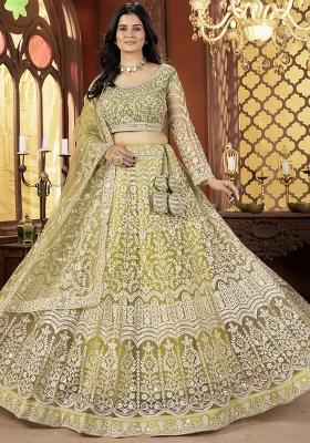 Mehendi Green Embroidered Net Lehenga Set With Dupatta