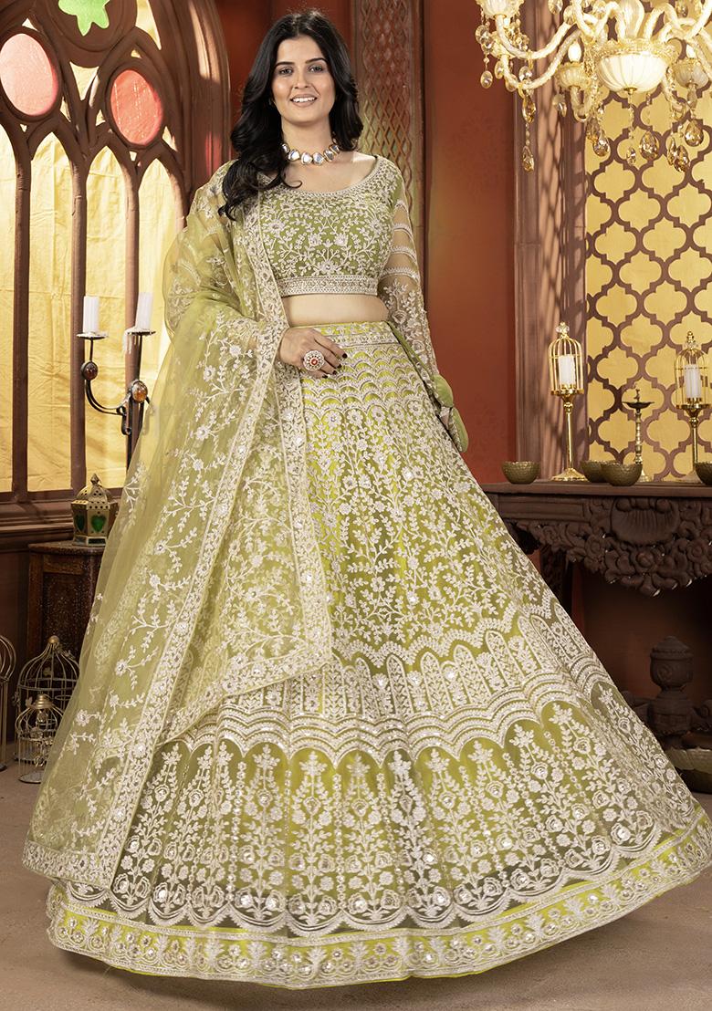 Mehendi Green Embroidered Net Lehenga Set With Dupatta