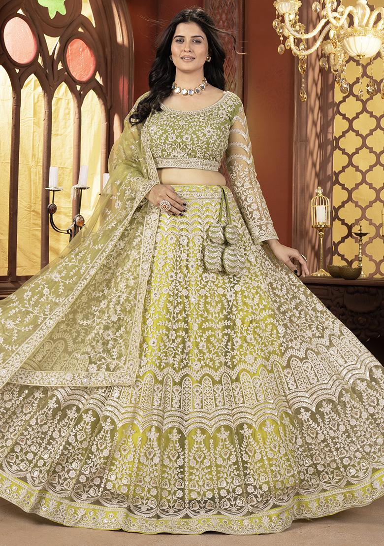 Mehendi Green Embroidered Net Lehenga Set With Dupatta