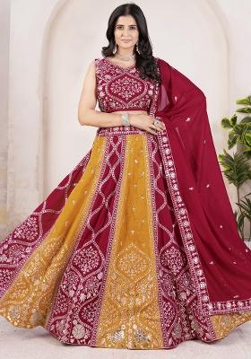 Multicolor Embroidered Silk Lehenga Set With Dupatta