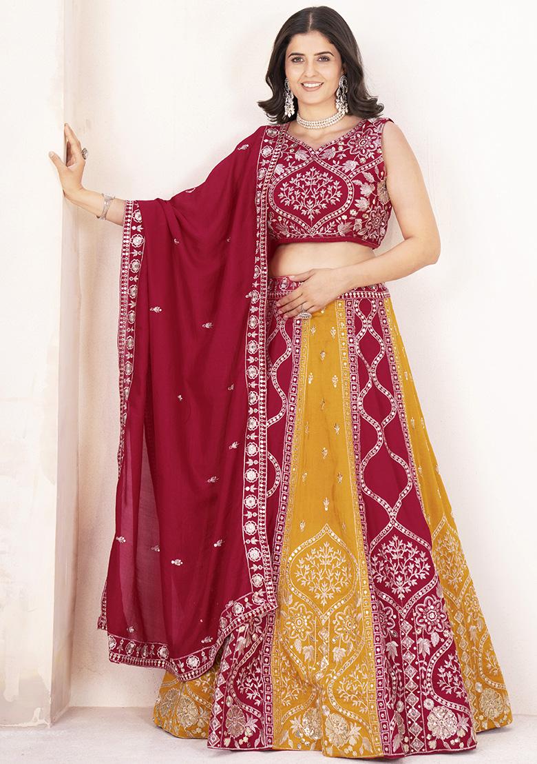 Multicolor Embroidered Silk Lehenga Set With Dupatta