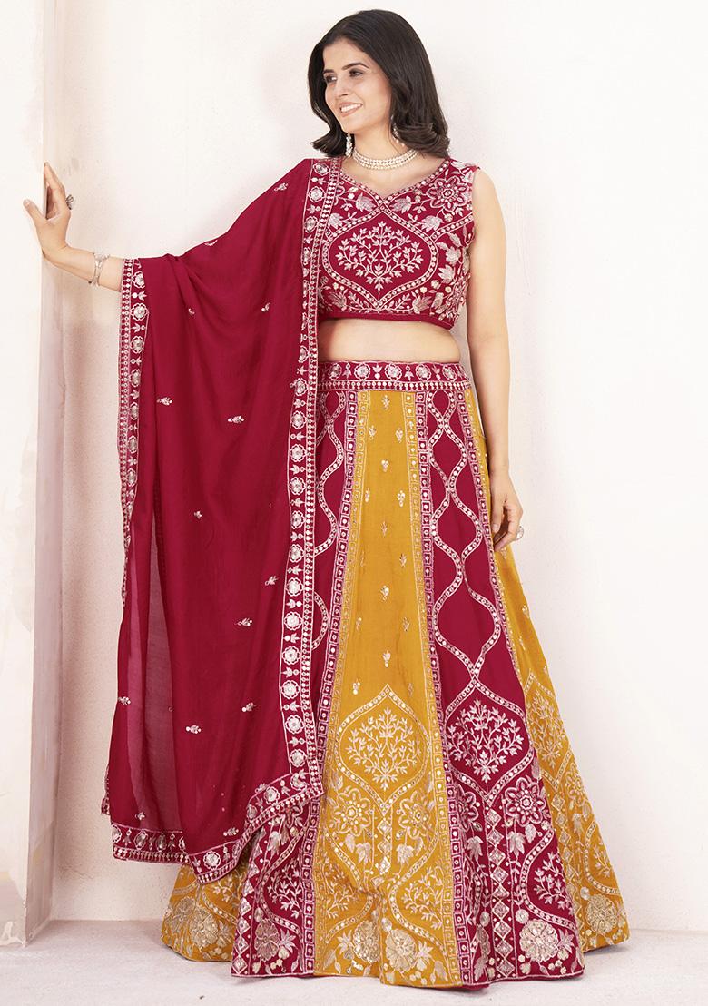 Multicolor Embroidered Silk Lehenga Set With Dupatta
