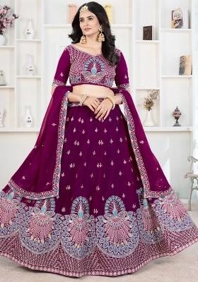 Maroon Embroidered Georgette Lehenga Set With Dupatta