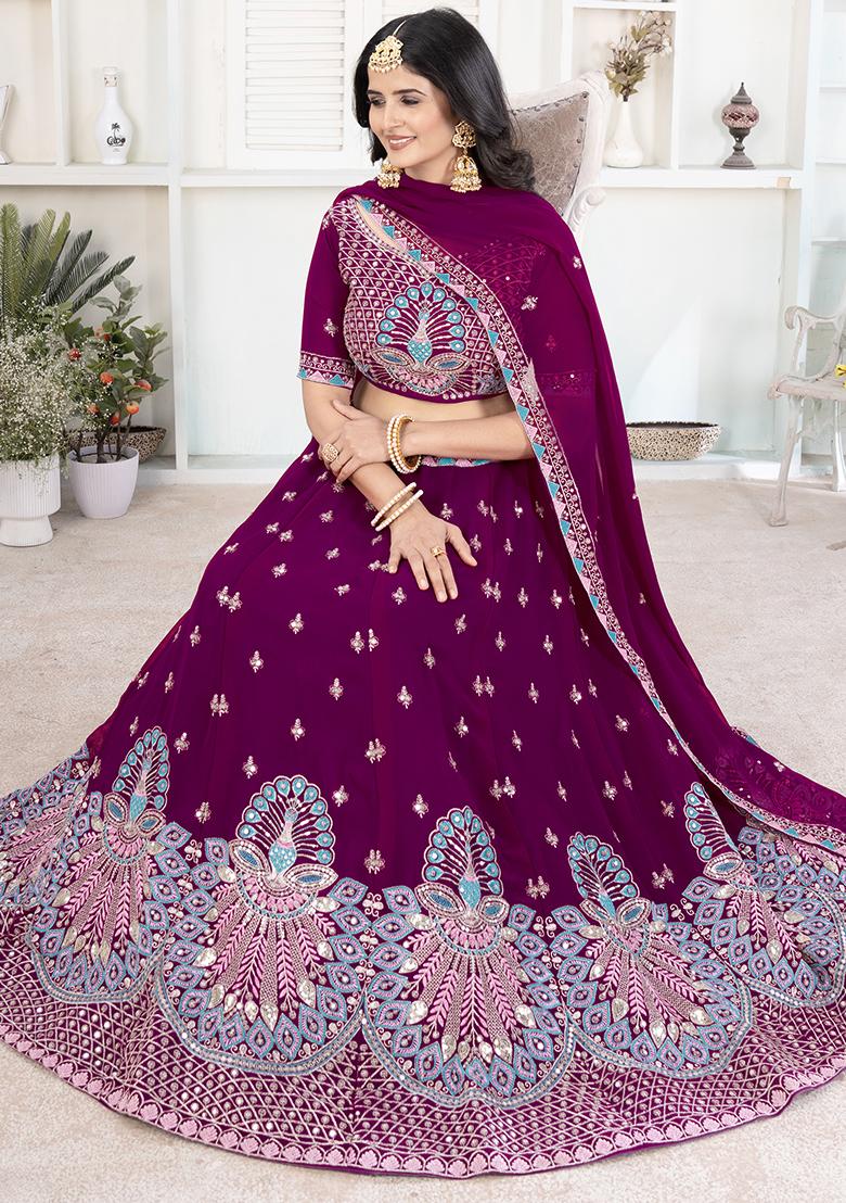 Maroon Embroidered Georgette Lehenga Set With Dupatta