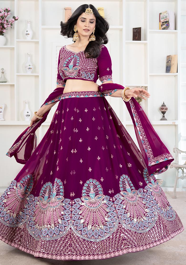 Maroon Embroidered Georgette Lehenga Set With Dupatta
