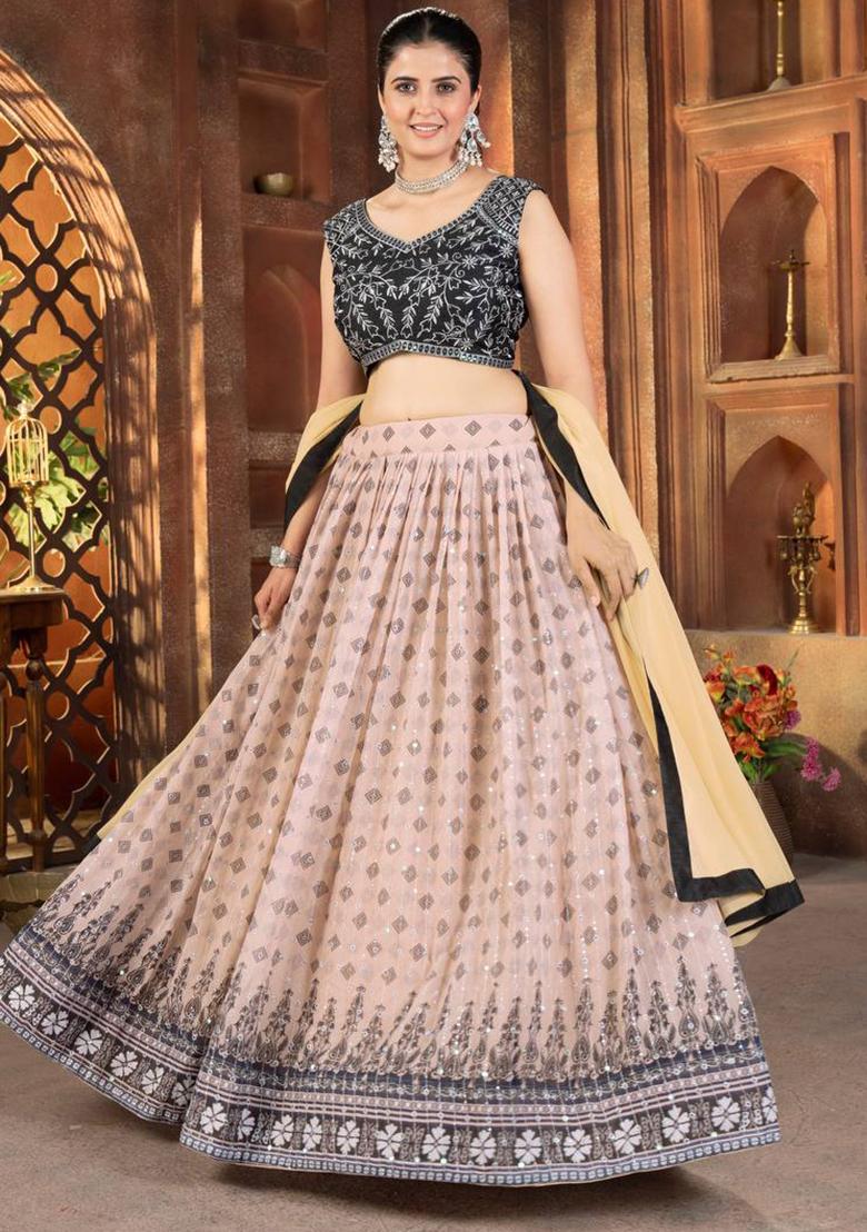 Chikoo Brown Printed Georgette Lehenga Set With Dupatta