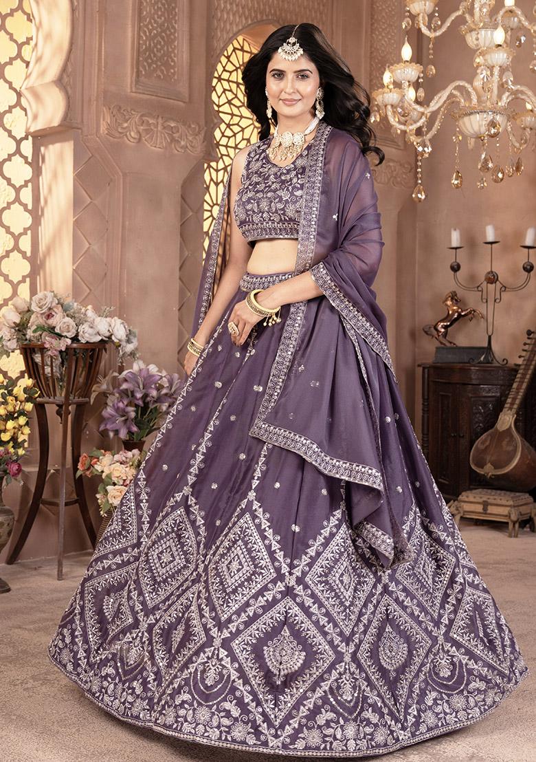 Purple Embroidered Georgette Lehenga Set With Dupatta