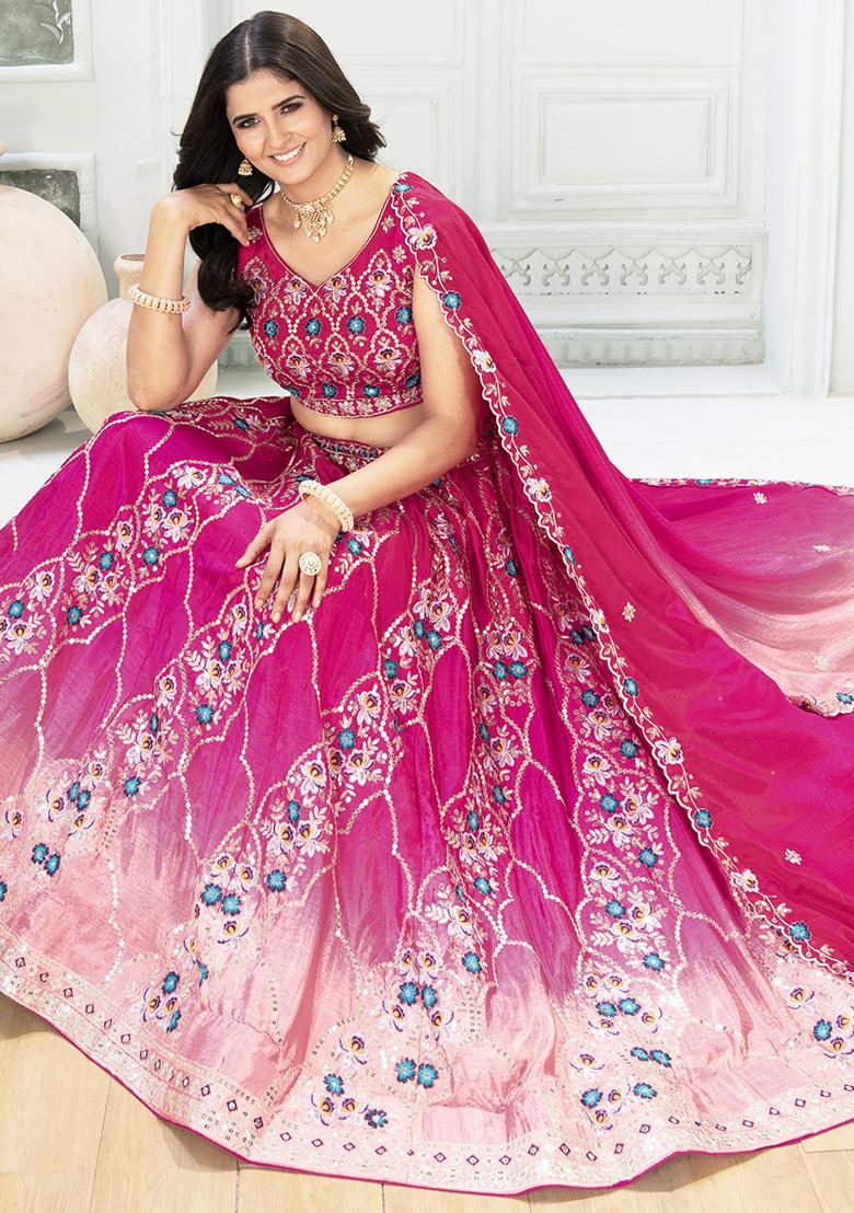 Pink Embroidered Chinnon Lehenga Set With Dupatta