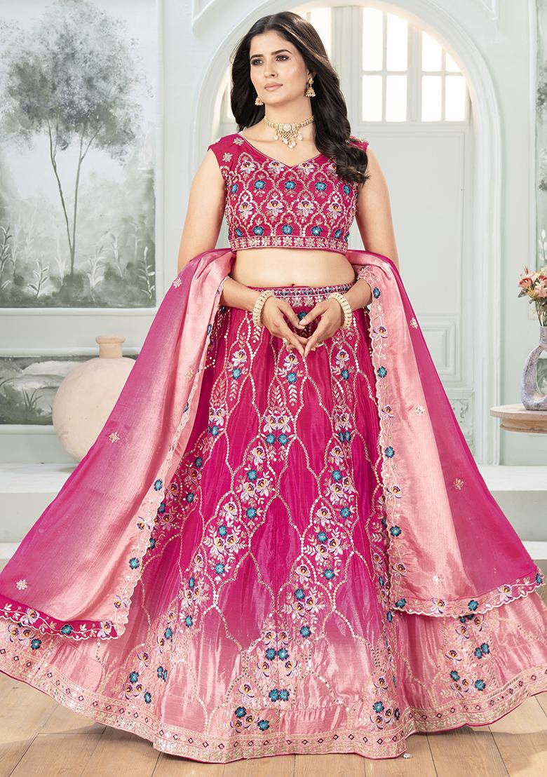 Pink Embroidered Chinnon Lehenga Set With Dupatta