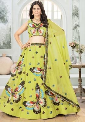 Parrot Green Embroidered Georgette Lehenga Set With Dupatta