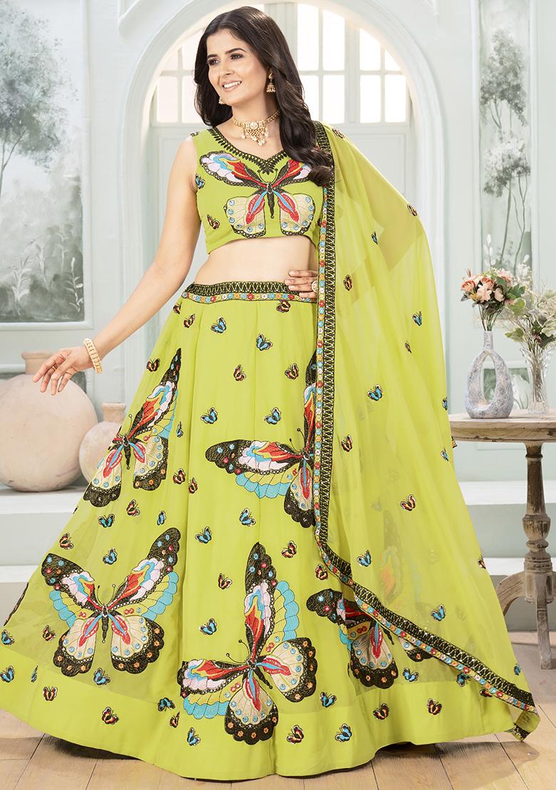 Parrot Green Embroidered Georgette Lehenga Set With Dupatta