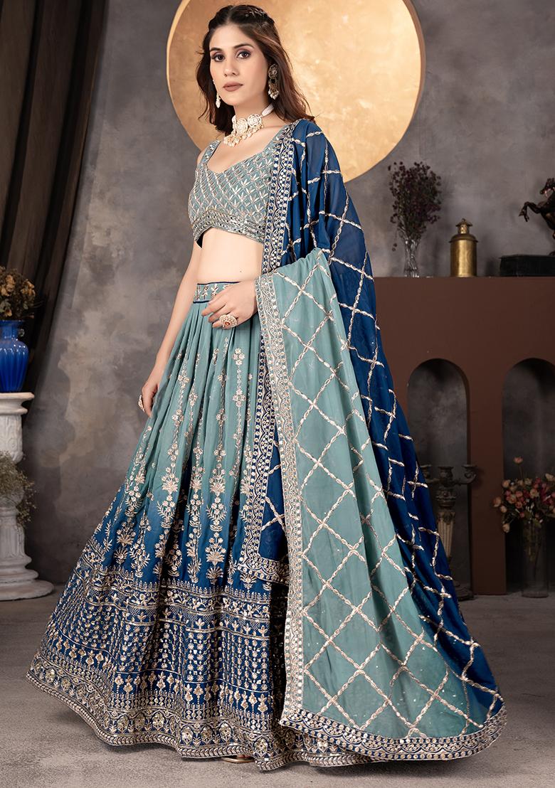 Sky Blue Embroidered Georgette Lehenga Set With Dupatta