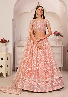 Light Pink Thread Embroidered Net Lehenga Set
