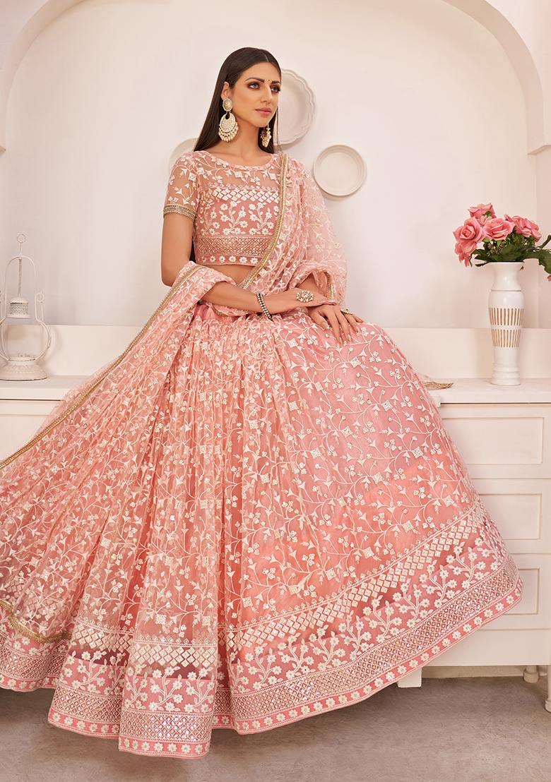 Light Pink Thread Embroidered Net Lehenga Set