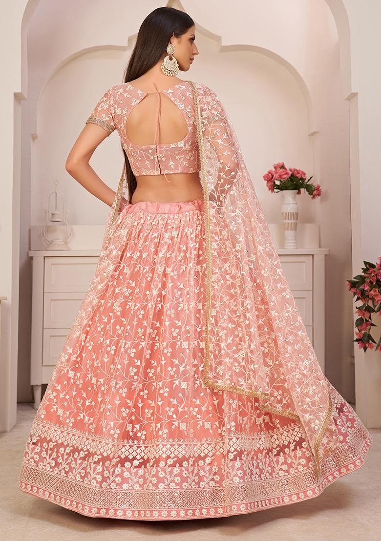 Light Pink Thread Embroidered Net Lehenga Set