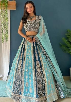 Sky Blue Zari Work Georgette Lehenga Set With Dupatta