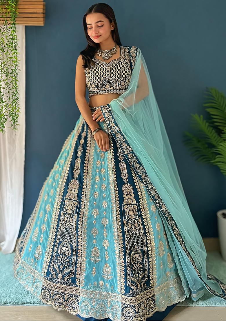 Sky Blue Zari Work Georgette Lehenga Set With Dupatta