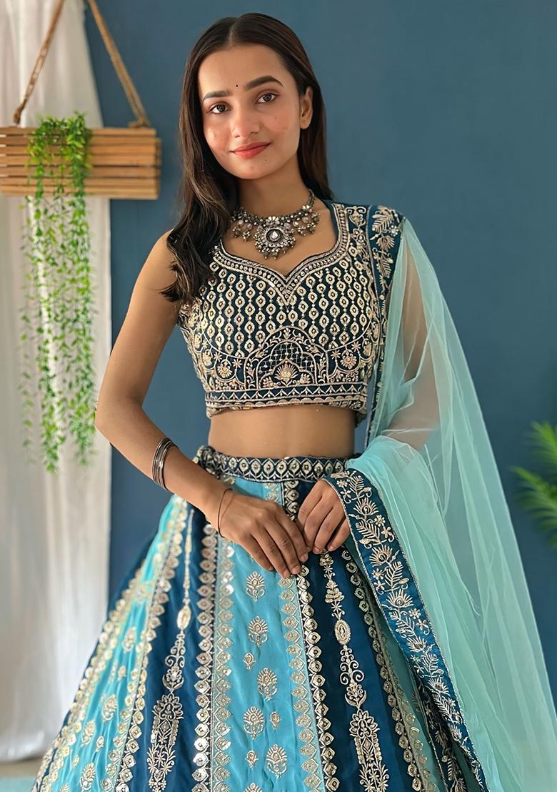 Sky Blue Zari Work Georgette Lehenga Set With Dupatta