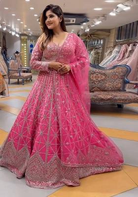 Pink Embroidered Chinnon Lehenga Set With Dupatta
