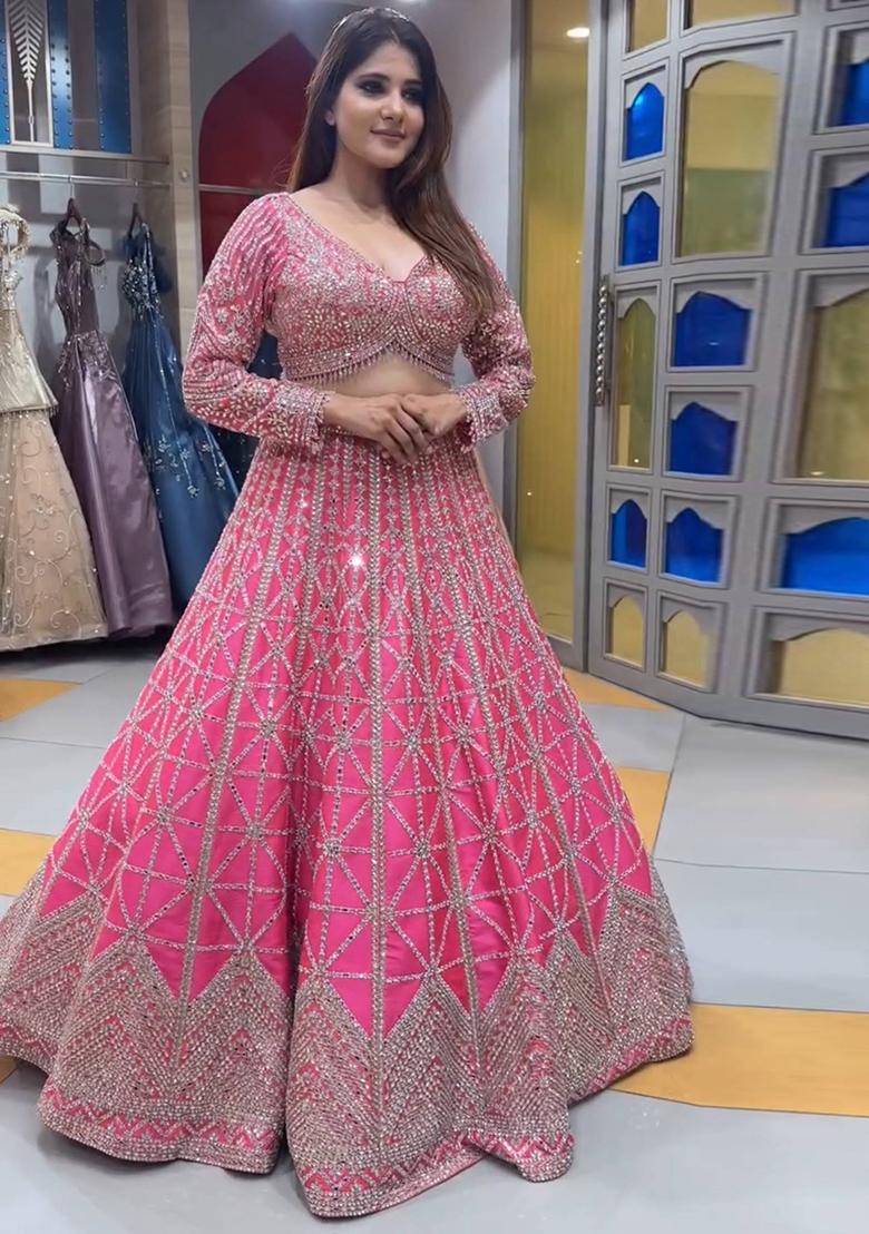 Pink Embroidered Chinnon Lehenga Set With Dupatta