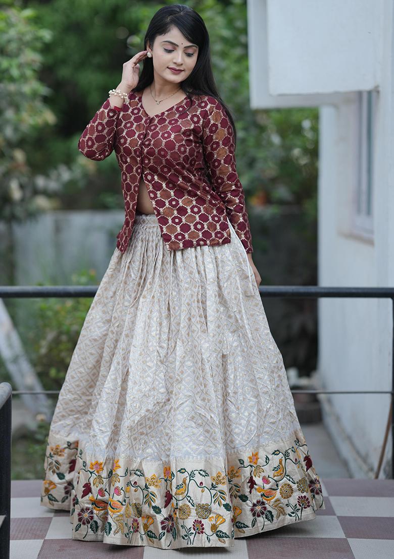 Maroon Weaving Work Silk Lehenga Set With Dupatta