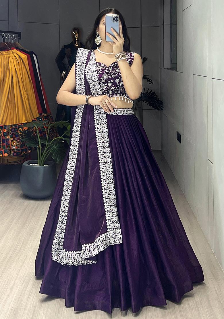 Purple Embroidered Satin Lehenga Set With Dupatta