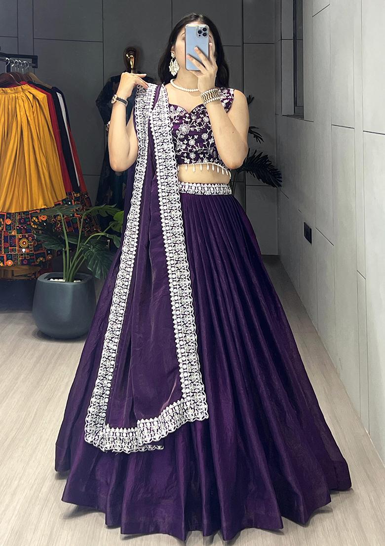 Purple Embroidered Satin Lehenga Set With Dupatta