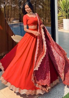 Red Embroidered Georgette Lehenga Set With Dupatta