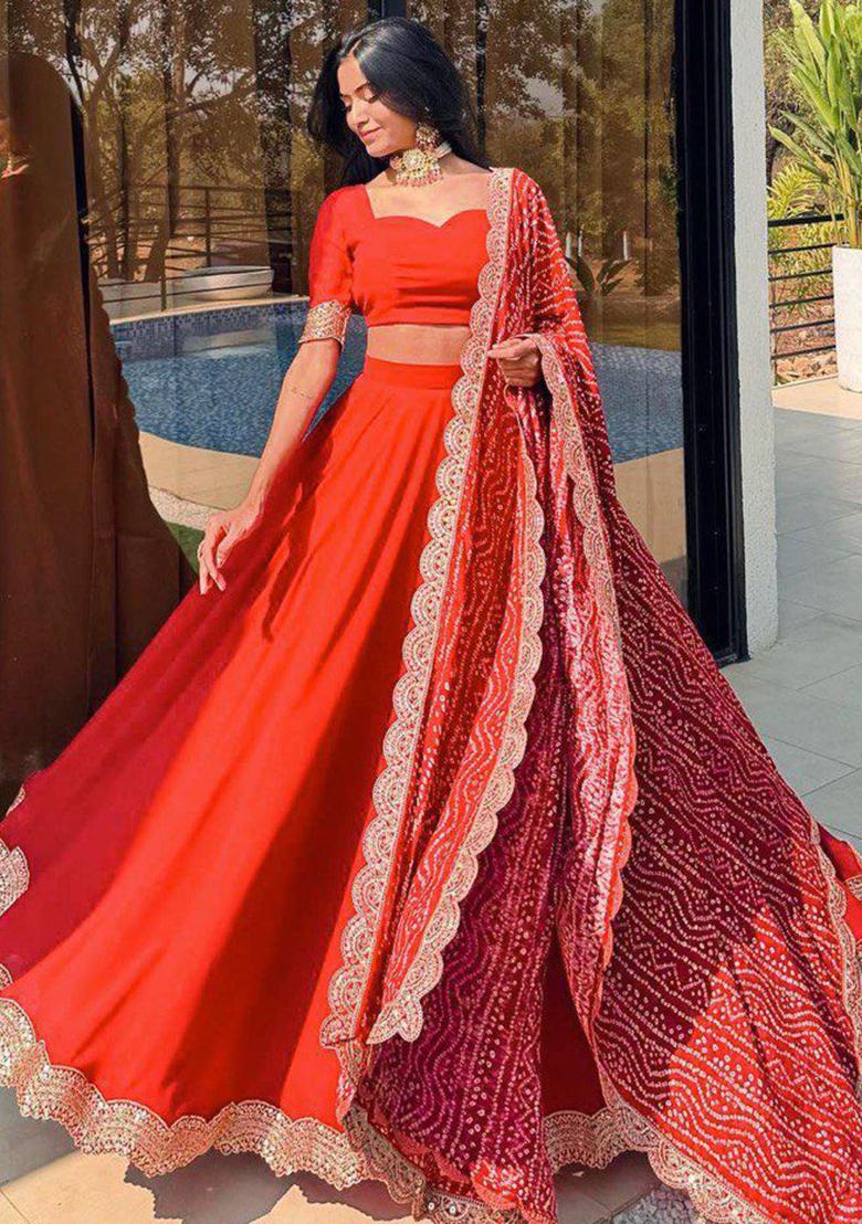 Red Embroidered Georgette Lehenga Set With Dupatta