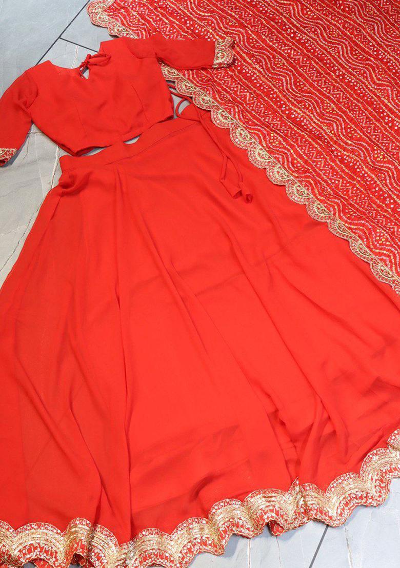 Red Embroidered Georgette Lehenga Set With Dupatta