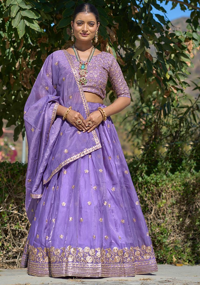 Purple Embroidered Cotton Lehenga Set With Dupatta