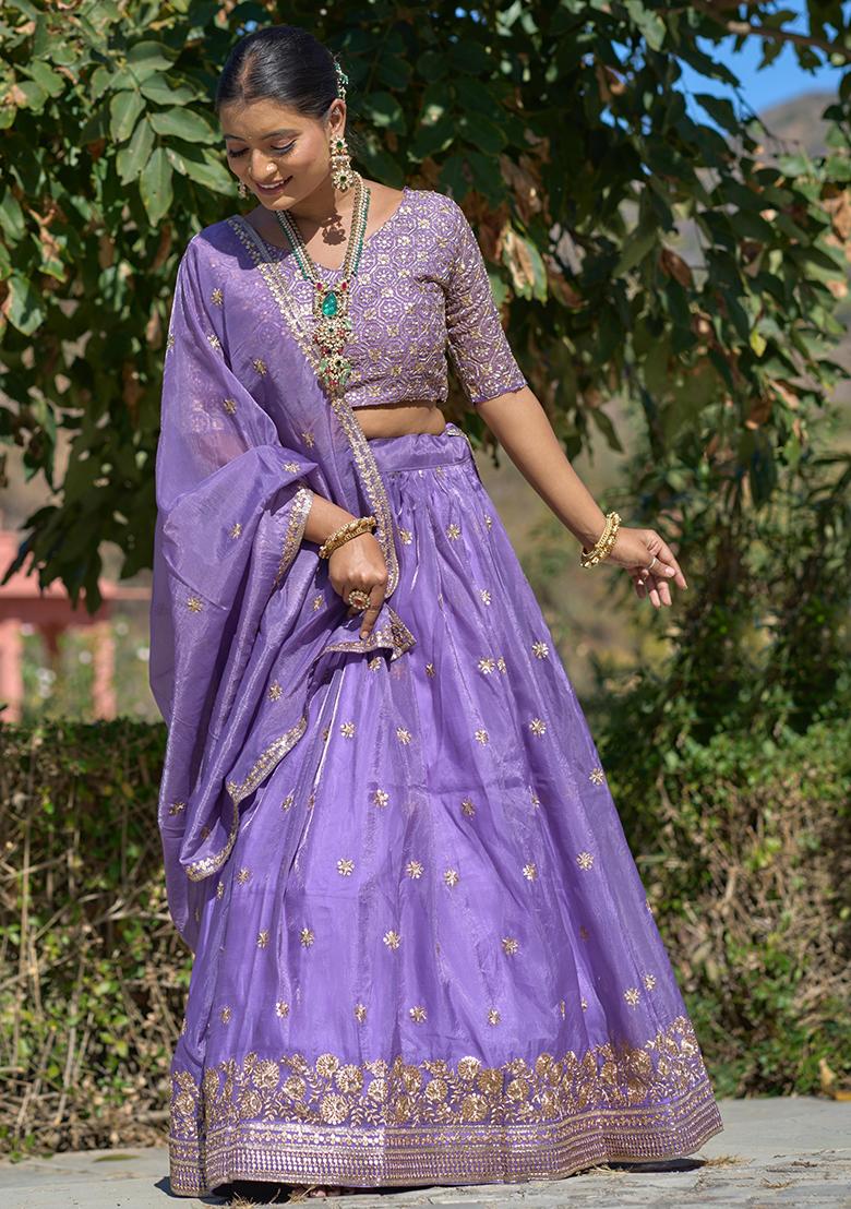 Purple Embroidered Cotton Lehenga Set With Dupatta