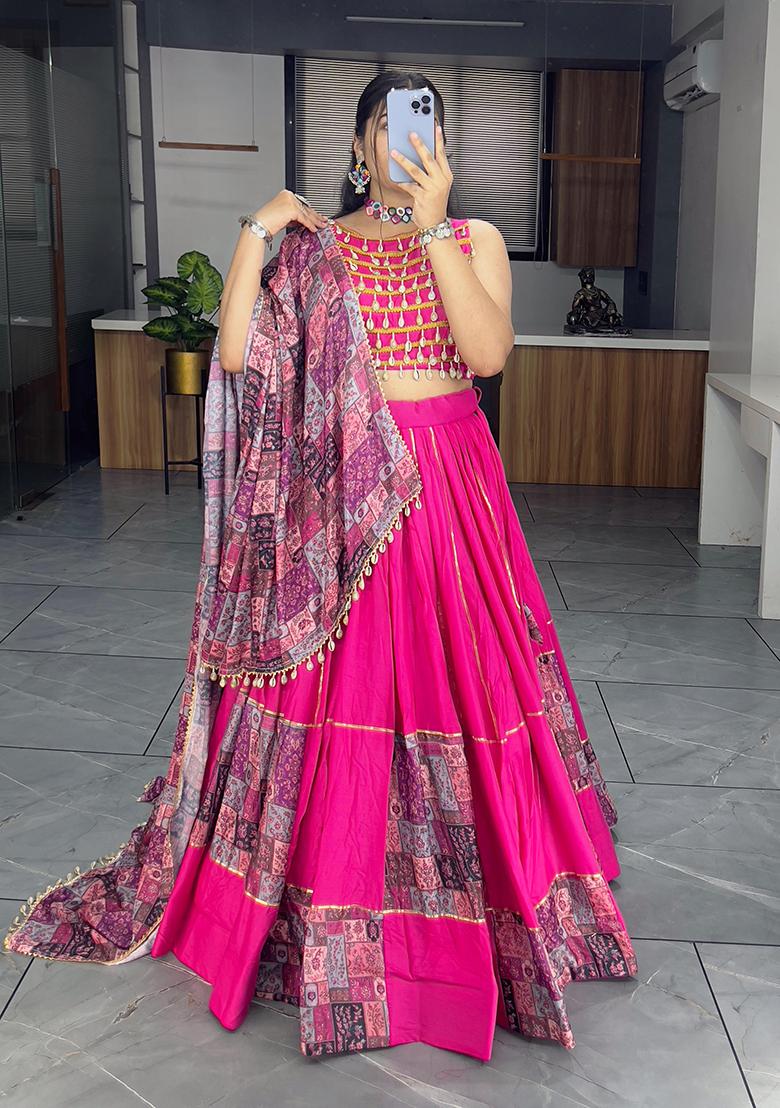 Pink Printed Rayon Cotton Lehenga Set With Dupatta