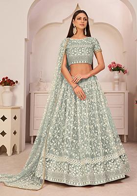 Green Thread Embroidered Net Lehenga Set